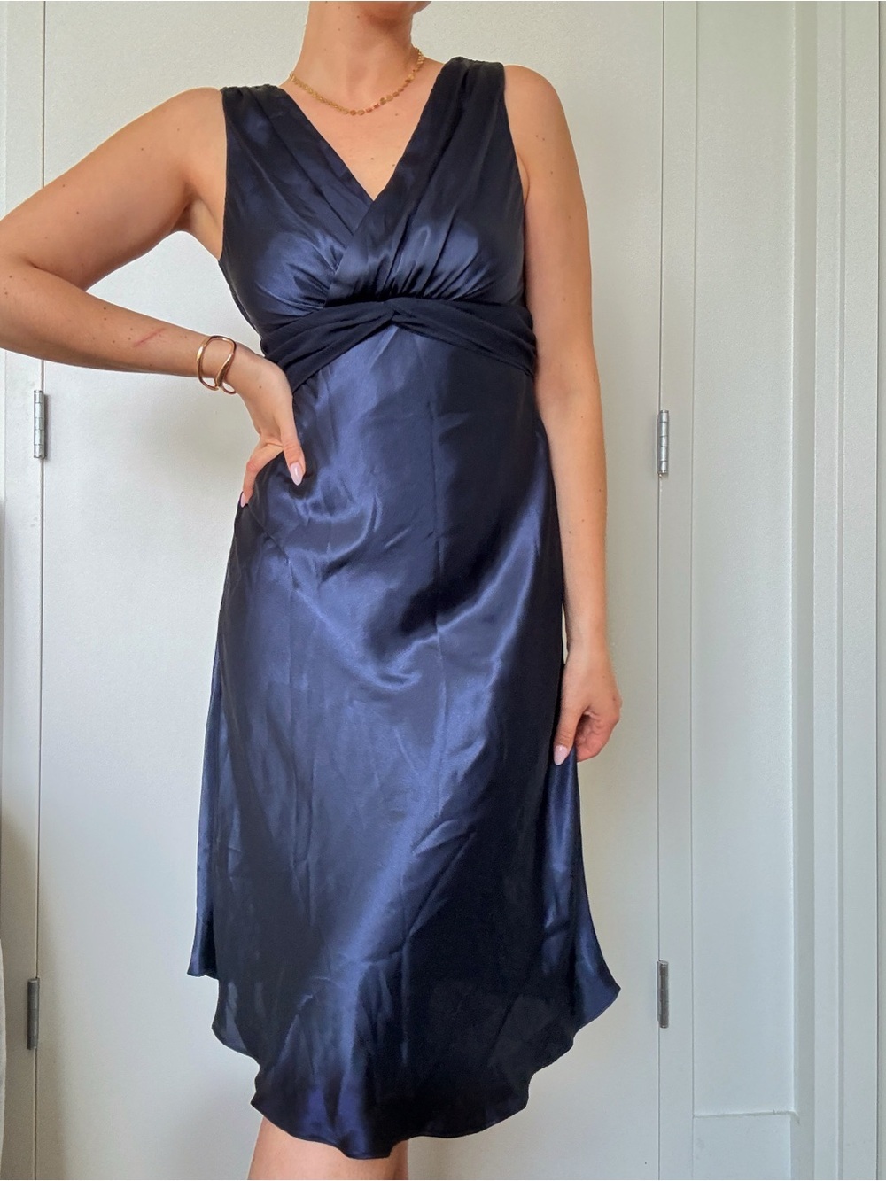 Rabbit Rabbit Rabbit Navy Satin V-Neck Twist-Waist Midi Dress